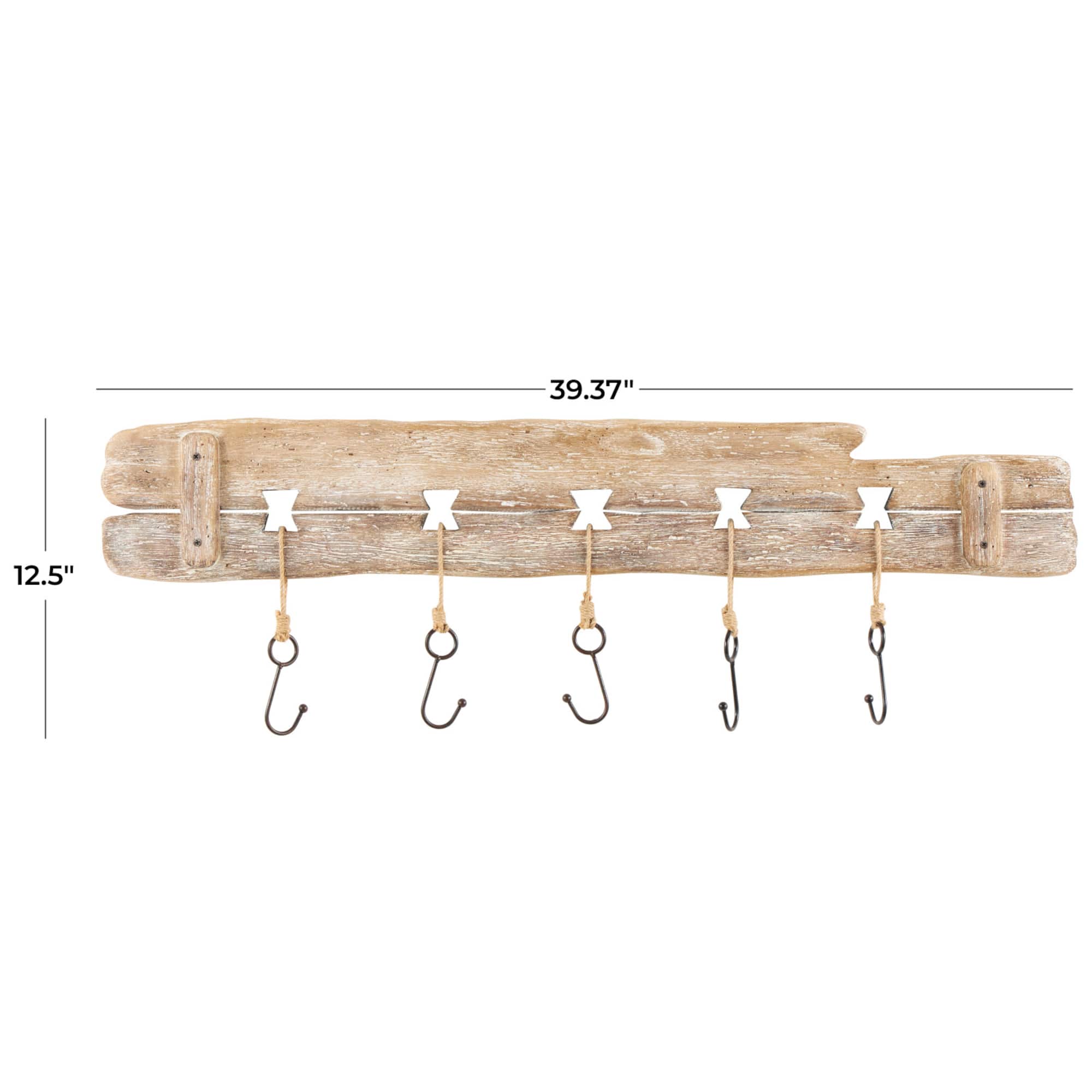 Handmade Whitewashed Brown Wood Live Edge Wall Hook with 5 Fish-Shaped Hangers